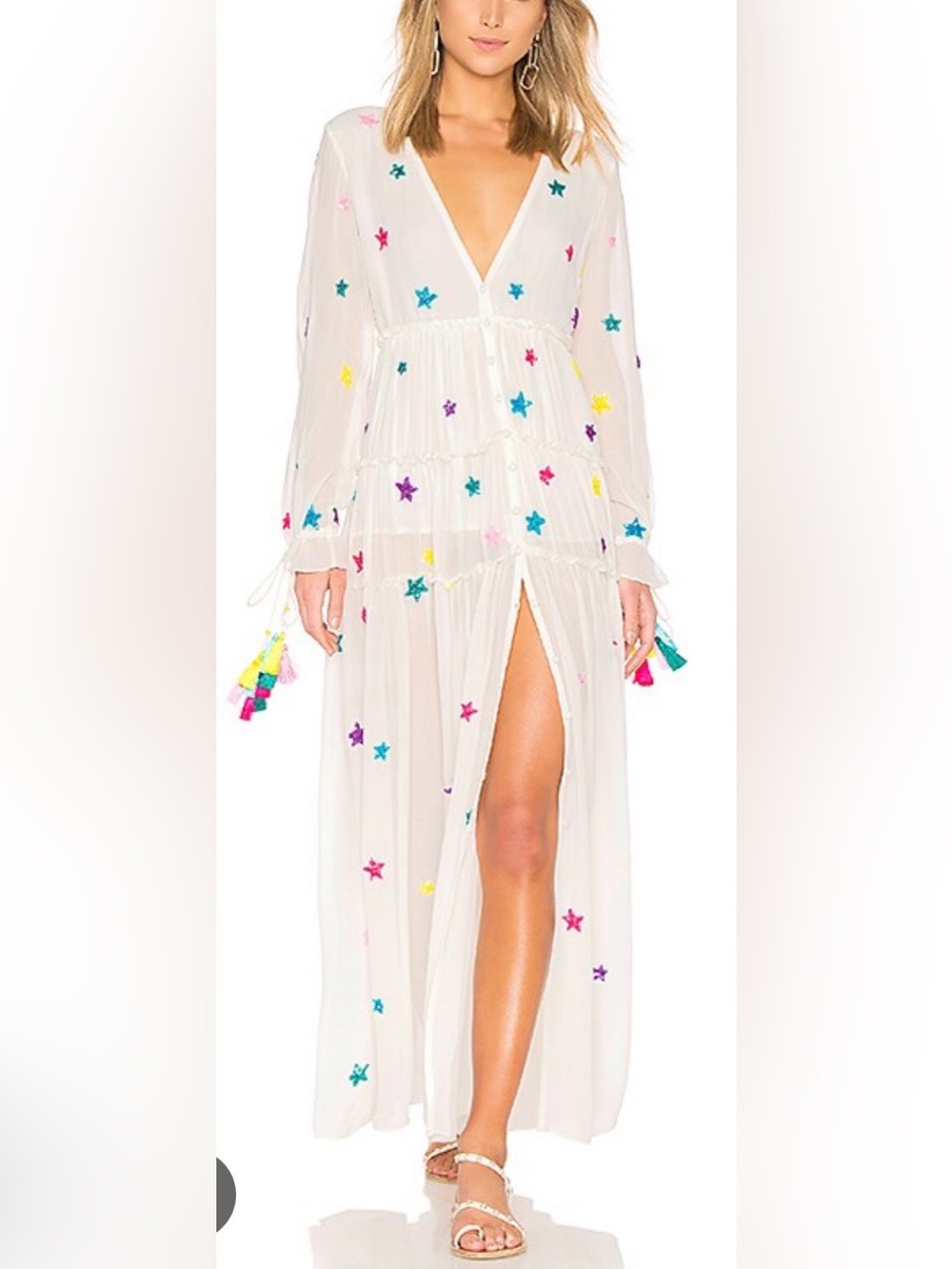 Rococo Sand White Maxi Dress with Multicolor Star Embroidery